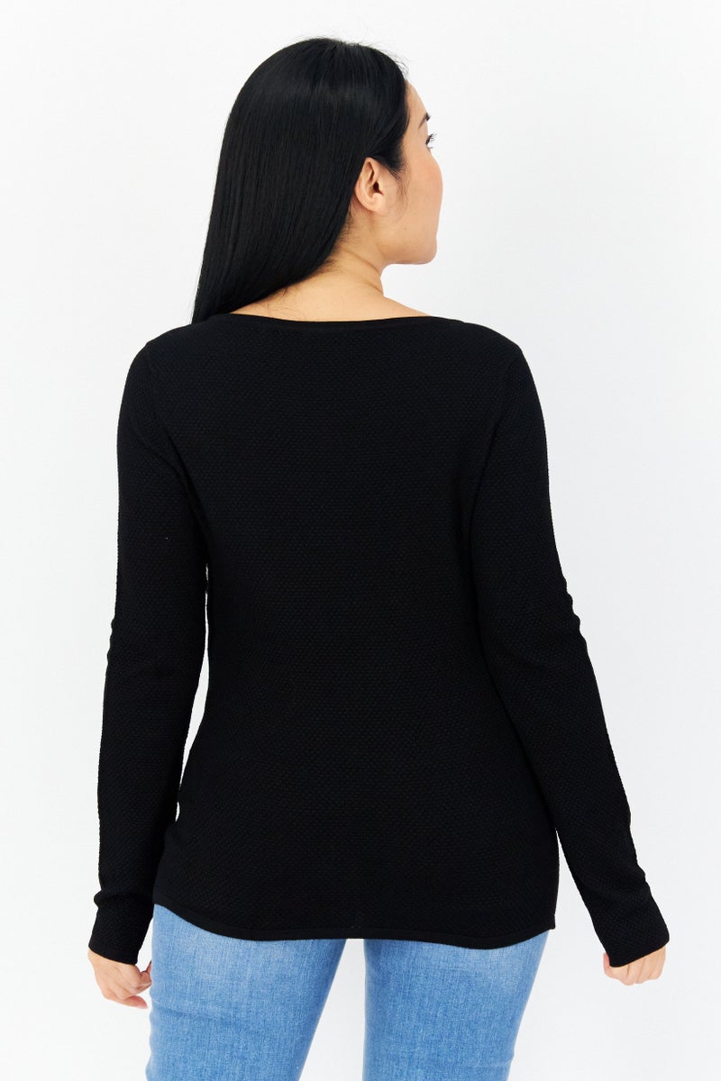 Zero Women Round Neck Long Sleeve Textured Blouse, Black - Image 2
